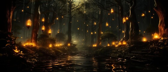 Amazing Shot of a River in the middle of a Mystical & Magical Forest with lot of Glowing Particles Floating over it.