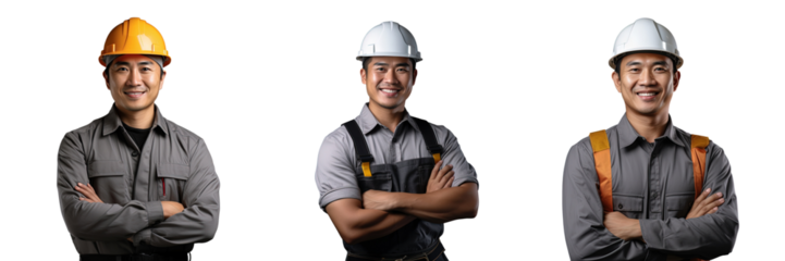 An Asian man possibly an architect or contractor confidently poses with crossed arms while wearing a helmet in front of a transparent background