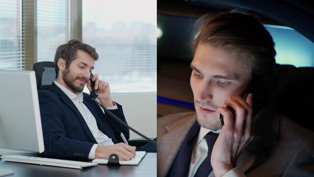 Split screen, young businessman sitting at the workplace in office and talking to the top manager riding in the car, financial meeting, multiscreen.