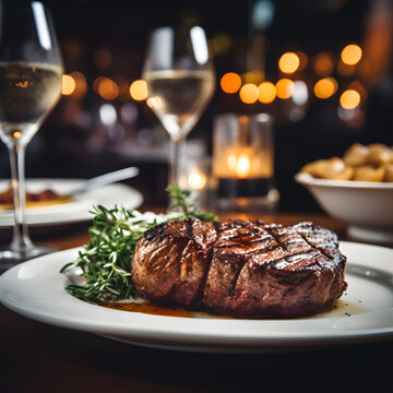 Delicious grilled steak with rosemary and two glasses of wine in a fancy restaurant