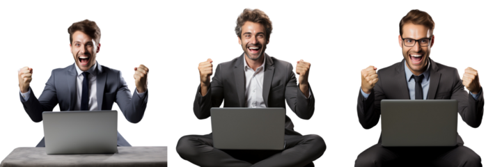 Happy businessman using laptop transparent background