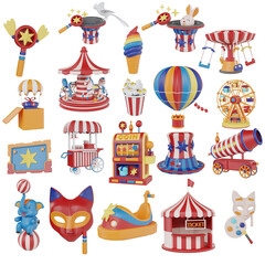 Amusement Park And Carnival 3D 20 Icon Set of 3d render icons higt resulation on white background. 3d render icon set.