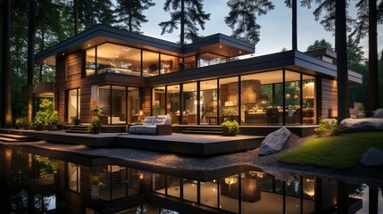 Fototapeta premium Modern villa decorated with wooden planks cladding. Generative AI.