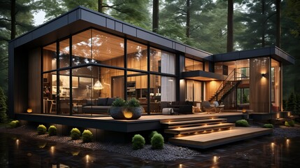 Modern villa decorated with wooden planks cladding. Generative AI.