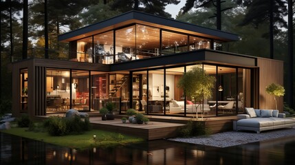 Obraz premium Modern villa decorated with wooden planks cladding. Generative AI.