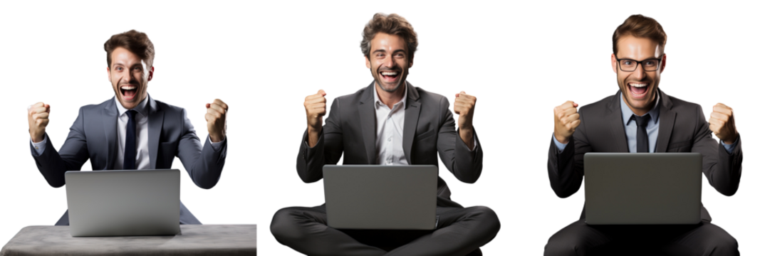 Happy businessman using laptop transparent background - Powered by Adobe