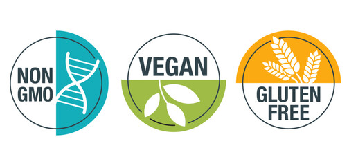 Vegan, Non-GMO, Gluten free colorful icons