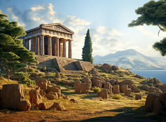 Obraz premium Ancient temples of segue in Italy, Temple in ancient Grecian hills, Ancient Greek temple. 