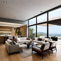 Fototapeta premium Interior design for a living room made of brown wood and white walls on the sea