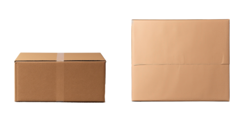 Close up of men holding empty brown paper and cardboard box isolated on transparent background Packaging template for delivery service concept Copy space for advertising