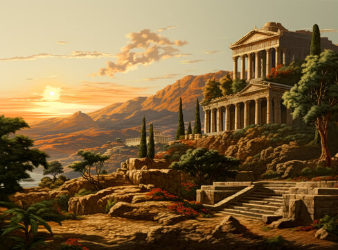 Ancient temples of segue in Italy, Temple in ancient Grecian hills, Ancient Greek temple. 