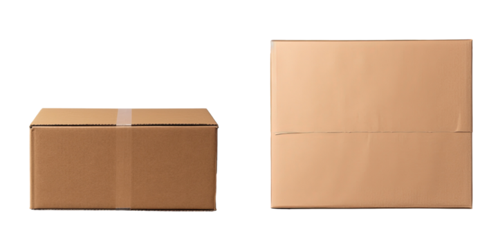 Close up of men holding empty brown paper and cardboard box isolated on transparent background Packaging template for delivery service concept Copy space for advertising