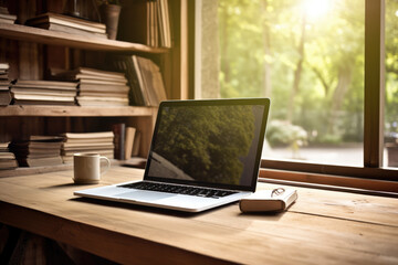 Laptop on wooden table against garden backdrop
