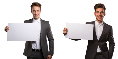 Professional man holding a blank white board smiling and giving a thumbs up isolated on a transparent background