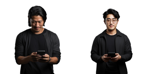 Asian man holding phone isolated on transparent background