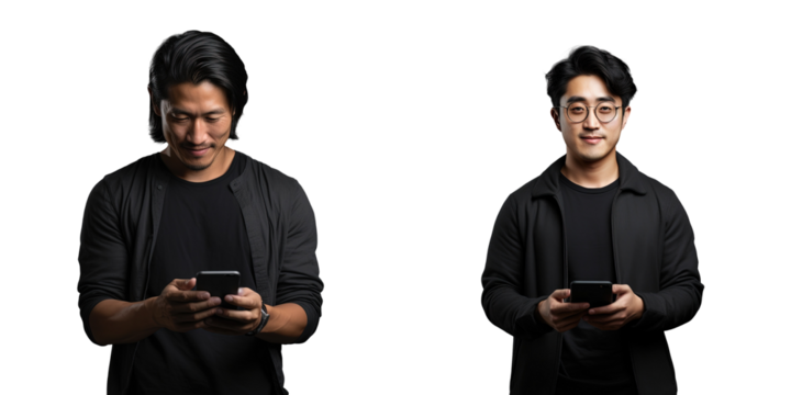 Asian man holding phone isolated on transparent background