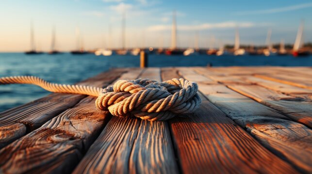 Old nautical rope on wooden surface. Generative AI.