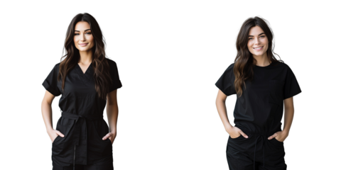A young nurse with long dark hair stands confidently in a black dress smiling against a white wall
