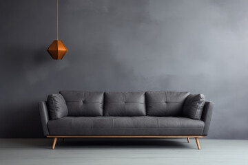 Grey sofa against a grey wall, interior design