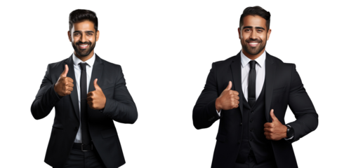 Attractive and accomplished Middle Eastern businessman in a dark suit giving a thumbs up and happily smiling at the camera