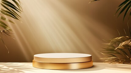 Golden product display stand background with sunlight and leaves
