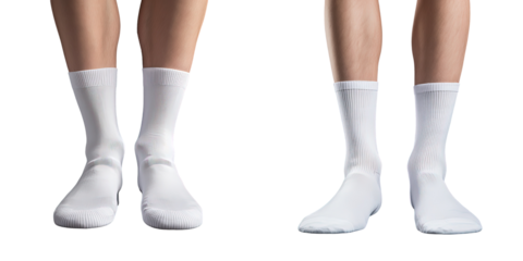 White cotton socks on male feet isolated on transparent background