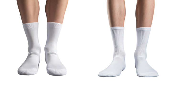 White cotton socks on male feet isolated on transparent background