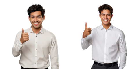 Confident young hispanic man in business attire pointing and giving thumbs up from behind