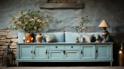 Pale blue antique furniture in the country house. Generative AI.