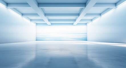Abstract empty room with blue sky and white clouds. 3d rendering
