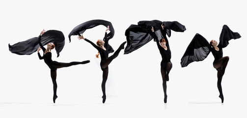Collage. Talented and artistic young woman, professional ballet dancer dancing with black fabric on...