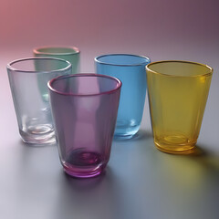 Vasos de colores morado, amarillo, azul, verde