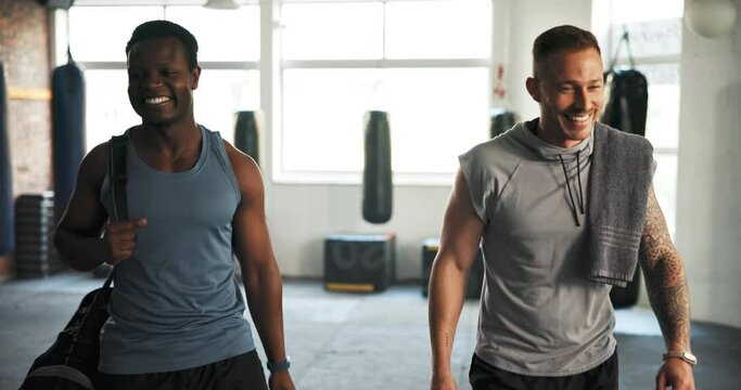 High five, people and gym to celebrate fitness or start exercise, sports training or workout for wellness. Men or athlete friends at health club for success, challenge or personal trainer talk