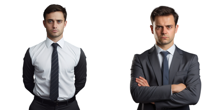 Sad young corporate lawyer wearing classic formal clothing standing isolated in a studio with crossed hands gazing at the camera