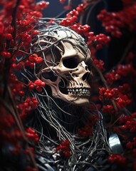 Skulls and bones in mystical and horrifying atmosphere of netherworld
