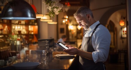 a man in an apron using a tablet device