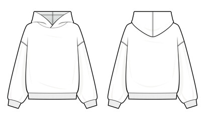 Classic Hoodie technical fashion illustration. hoodie vector template illustration. front and back view. oversized. drop shoulder. unisex. white color. CAD mockup. - obrazy, fototapety, plakaty