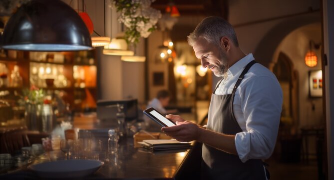a man in an apron using a tablet device