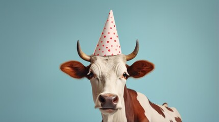 a festive cow wearing a party hat