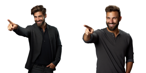Smiling man with beard gesturing elsewhere on transparent background