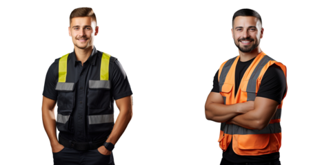 Smiling security officer in a safety vest standing with crossed arms isolated on transparent background