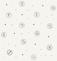 All Together Zodiac Signs Pattern Illustrations. Black and White Option. - 641321634