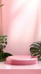 pink product display stand background with sunlight and leaves