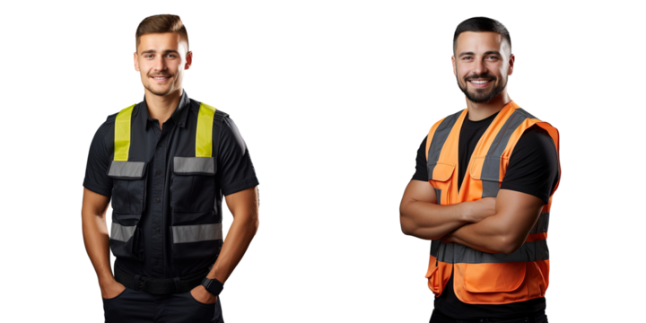 Smiling security officer in a safety vest standing with crossed arms isolated on transparent background