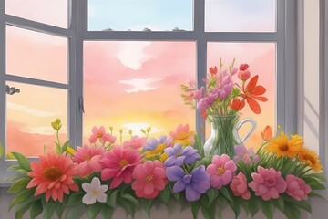 Fototapeta na wymiar Colourful Flowers agains sunny window. AI generated illustration