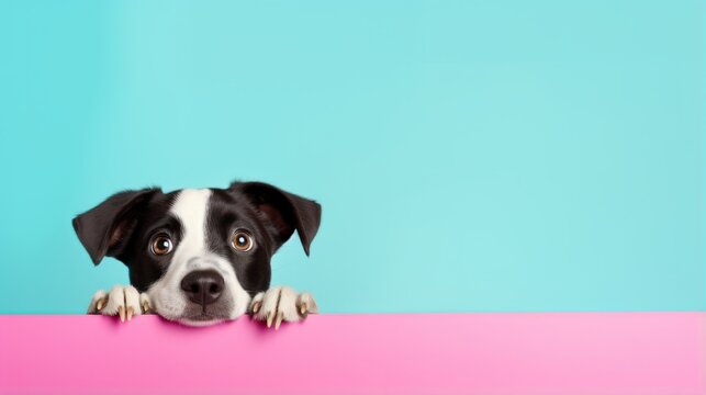 a curious black and white dog peeking over a vibrant pink and blue wall
