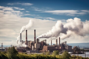 A power plant with smokestacks releasing steam. The background showcases the energy and utilities industry. Generative AI