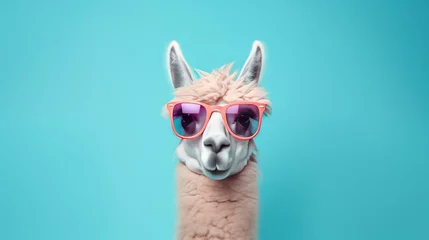 Photo sur Plexiglas Lama a stylish llama wearing pink sunglasses against a vibrant blue background