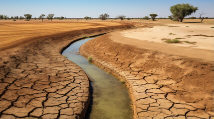 Symbolizing Water Crisis Drying Canal Amid Agricultural Land
