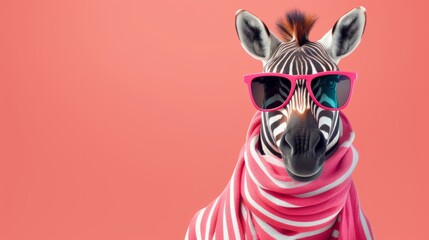 a zebra wearing sunglasses and a pink scarf - obrazy, fototapety, plakaty
